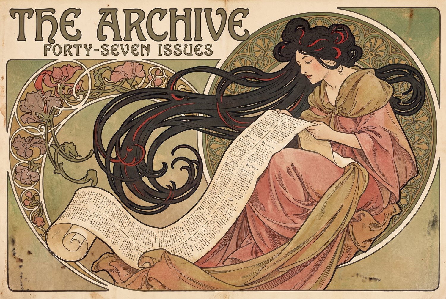 Decorative poster of a reader with a long unrolling sheet of columns, lettered The Archive, forty-seven issues