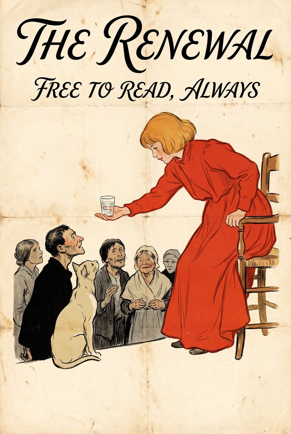 Poster in the style of a 1890s Steinlen lithograph: a figure offering a glass freely to a waiting crowd, lettered The Renewal, free to read, always