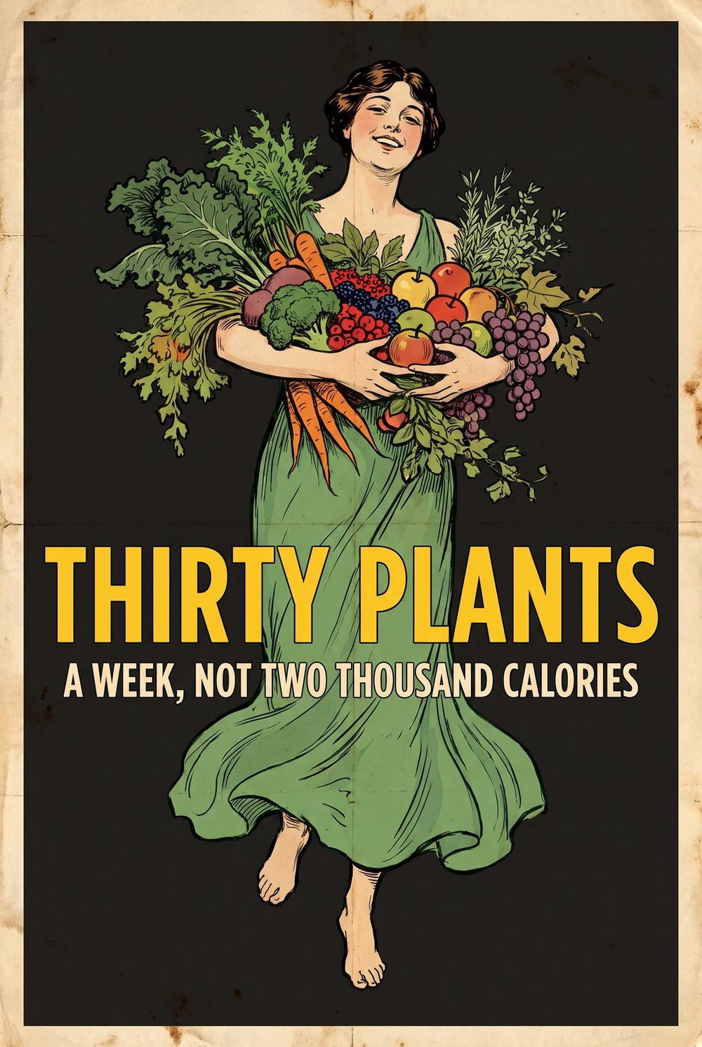 Bold flat poster of a figure carrying an armful of many vegetables, lettered thirty plants a week, not two thousand calories