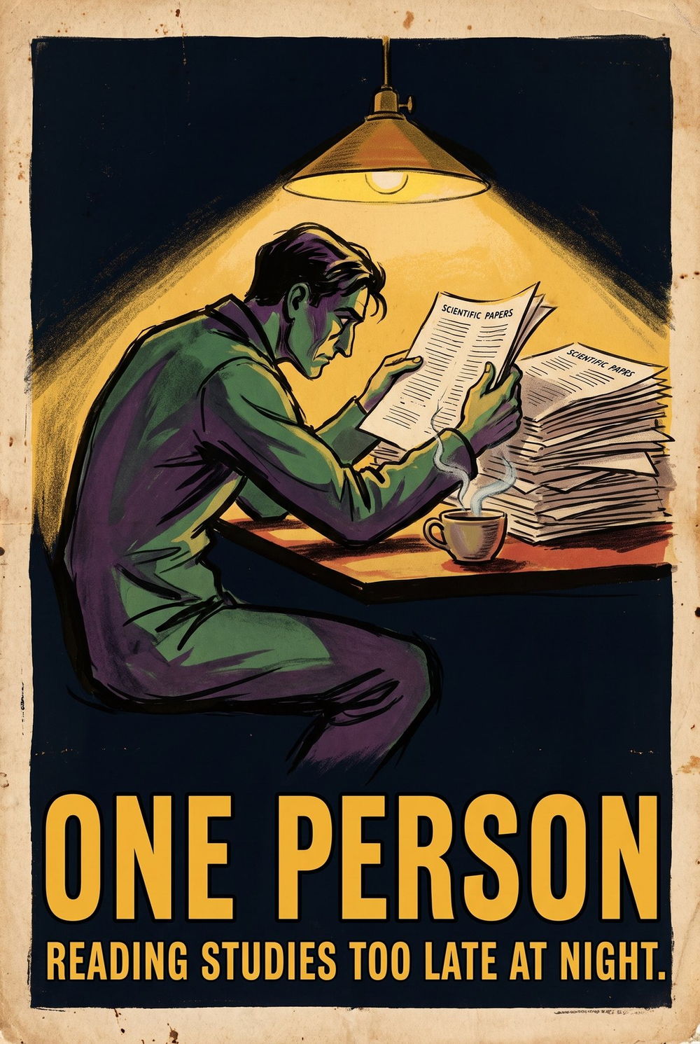 Poster of one figure reading scientific papers at a desk under a single lamp, lettered one person, reading studies too late at night